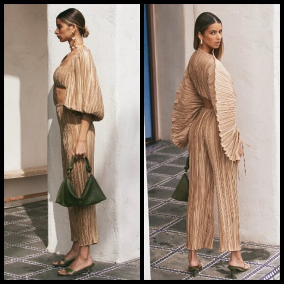 💕CULT GAIA💕 Kersti Pleated High Rise Satin Pants ~ Light Camel Medium M NWT - Picture 4 of 16